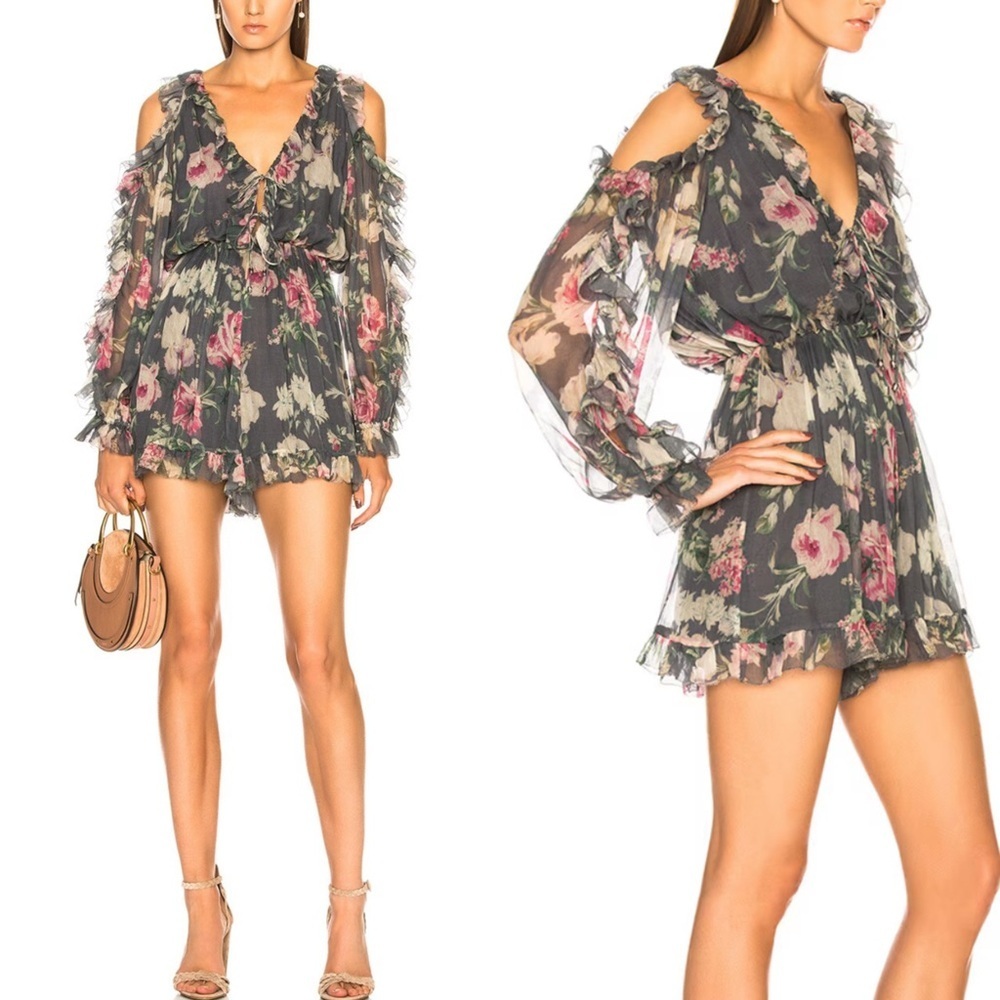Zimmermann Silk Iris Playsuit Romper Mini Cold Shoulder Floral